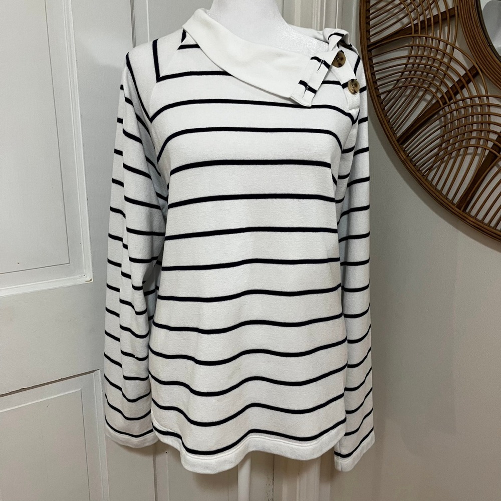 J.Crew XL Cozy Soft Warm‎ Casual Striped Button Collar Nautical Sweatshirt Top